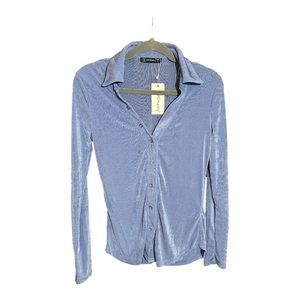 SOLLINARRY blue button up long sleeve lightweight with collar stretch top BNWT